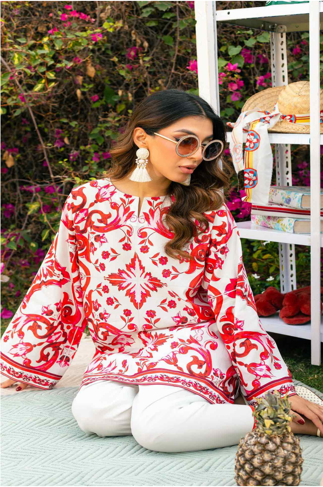 Lahori Prints Italian Red Tiles Red & white Co Ord Set