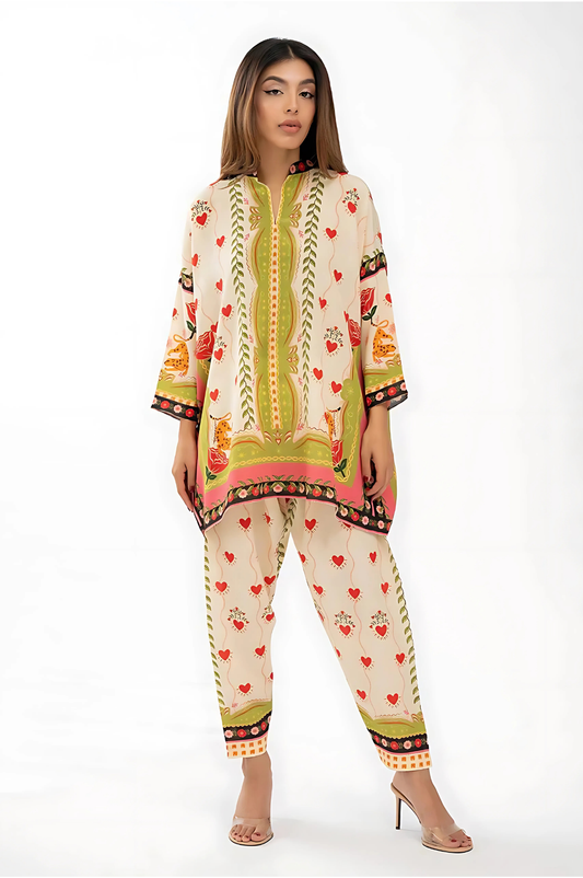 Lahori Prints Olive Heart Patterned Wide Top Co Ord Set