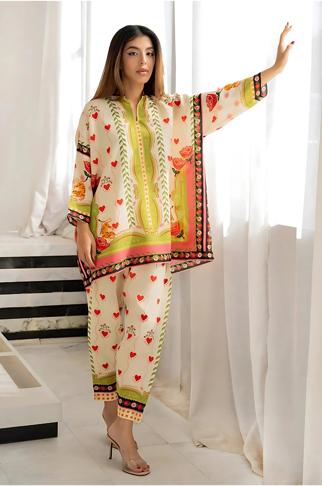 Lahori Prints Olive Heart Patterned Wide Top Co Ord Set