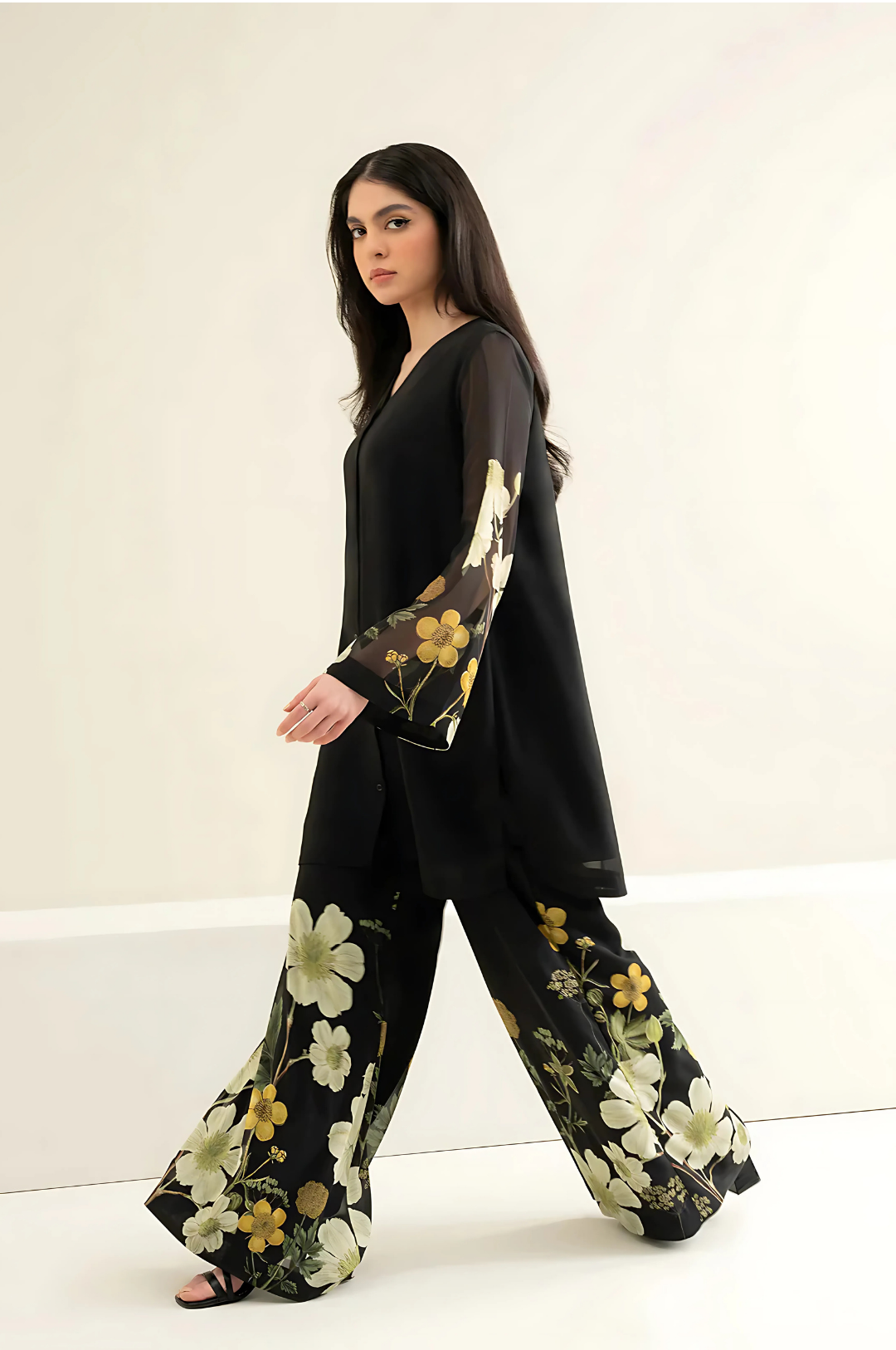 Lahori Prints Floral Bottom Black Co Ord Set